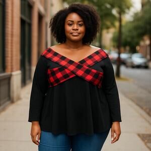 Rosegal Plus Size 2X Black Blouse with Red Plaid Detail